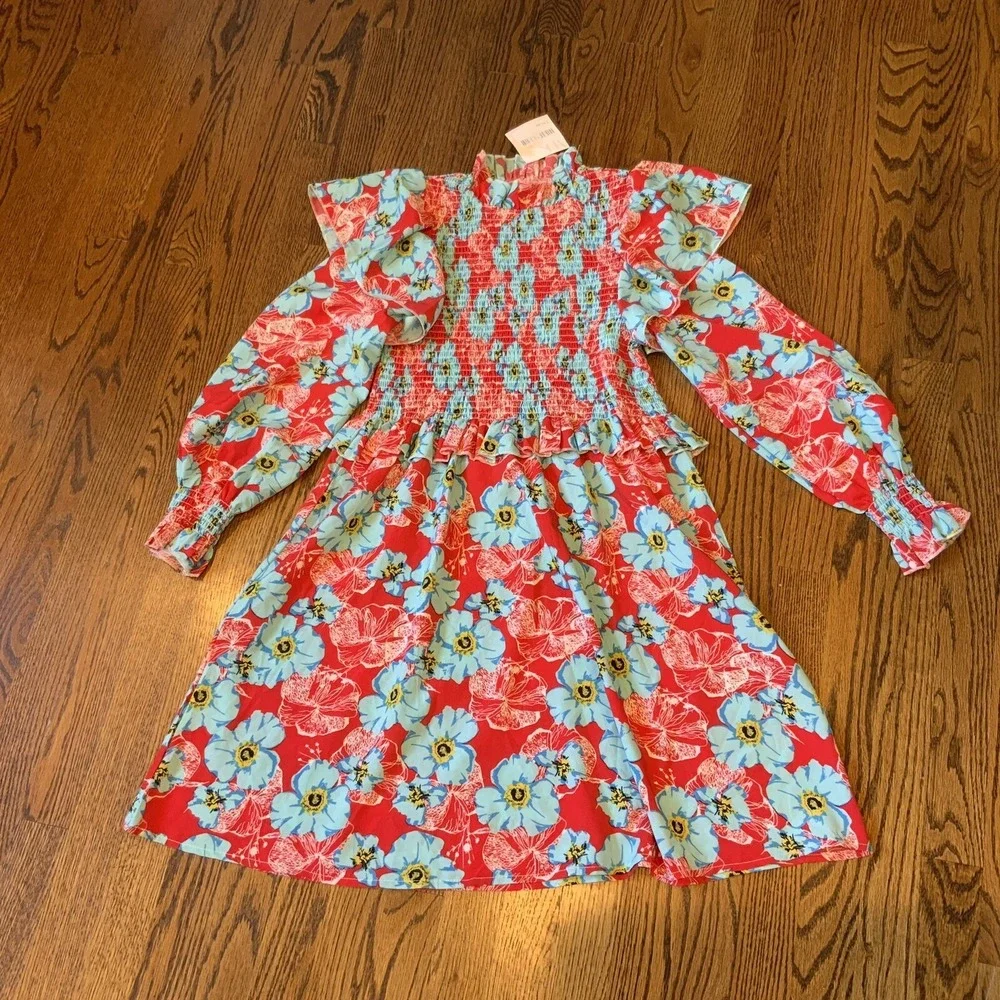 Womens Sunday Up NWT Floral Long Sleeve L Dress Boho Smocked